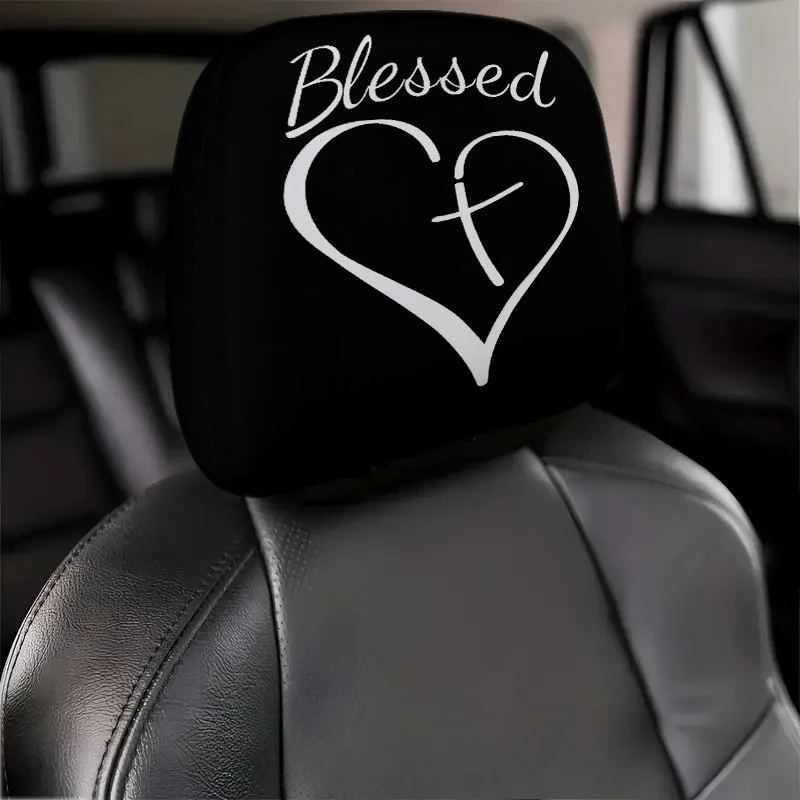 1pcs White Cross Heart, Blessed Letter Printed Car Headrest Covers, Washable And Easy to Install
