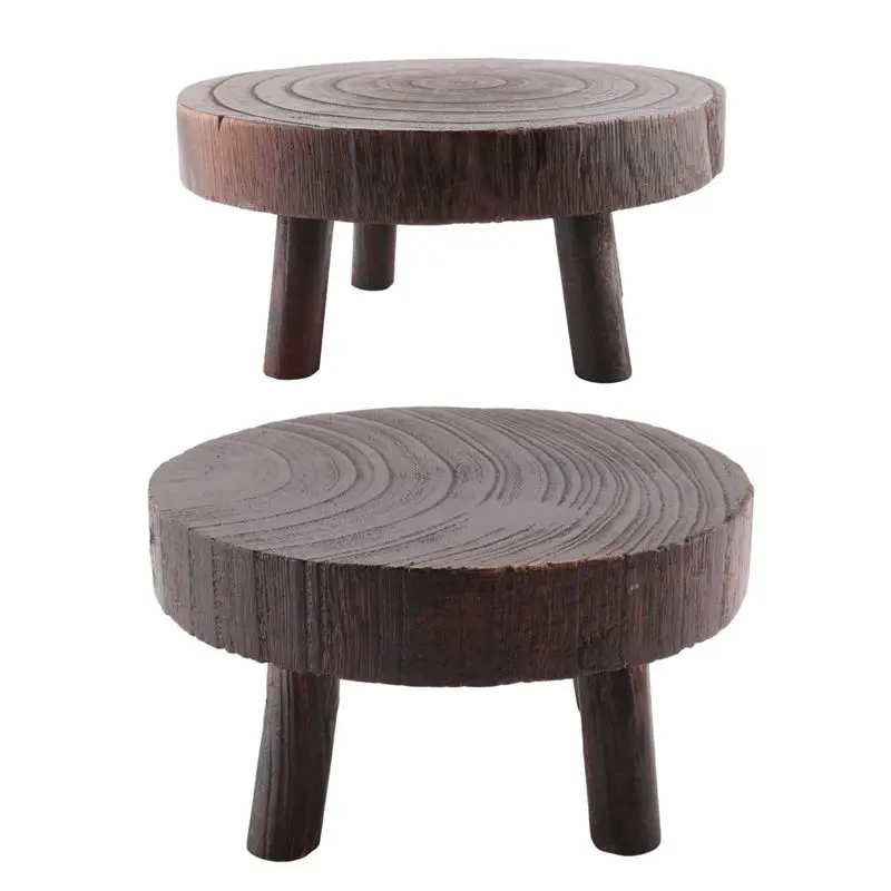ABHU 2Pcs Mini Wooden Stool Flower Display Stand, Potted Plant Shelf Bonsai Rack, Vintage Wood Grain Garden Plant Pot Stand