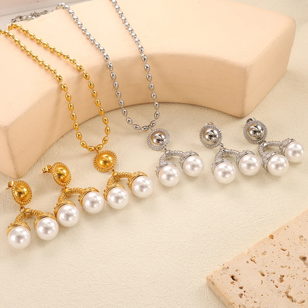 Vintage Geometric Inverted U-shaped Imitation Pearl Earrings Necklace Set New Design Titanium Steel Jewelry Set Pendant Choker