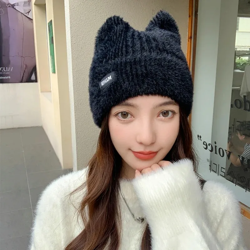 New Style Women Cute Cat Ear Earflap Winter Hat Faux Fur Knitted Hat Kpop Style Soft Beanie Hats Female Streetwear Dandy Cap