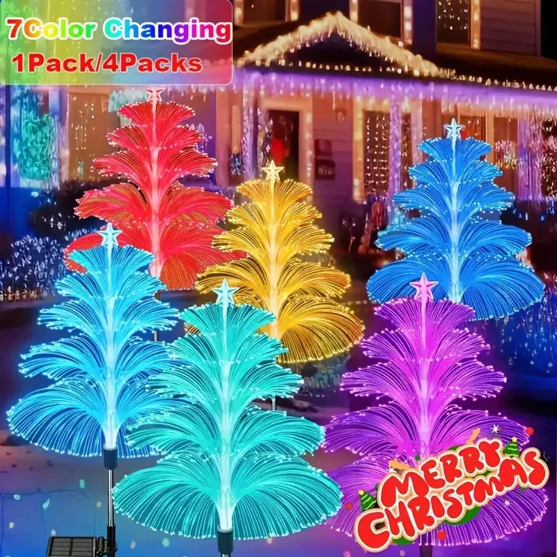 1pc Solar Powered Jellyfish LED Light 7-Color Changing Lighting with Star Topper Waterproof for Garden Patio Christmas Decor