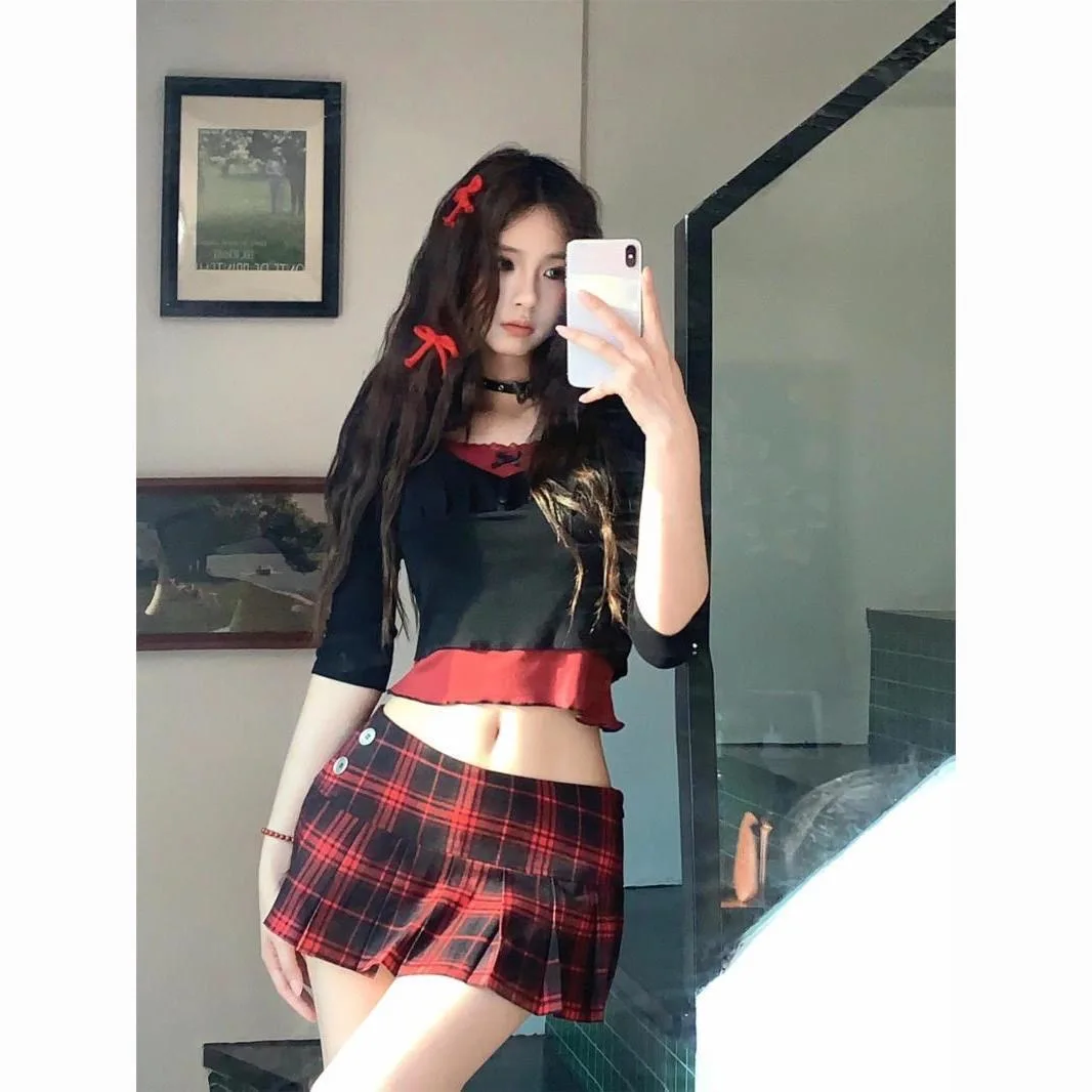 Summer Mini skirts for woman vintage korean fashion plaid skirts for women y2k skirts pleated red plaid skirts preppy style