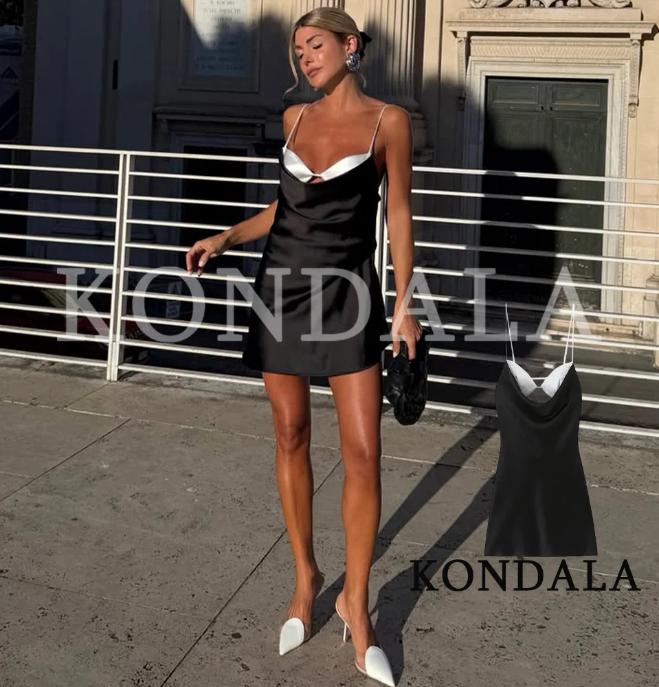 KONDALA Women Summer Chic Satin Mini Dress Elegant Contrasting Neckline Suspender Dress New 2026 Fashion Dinner Party Sexy Dress