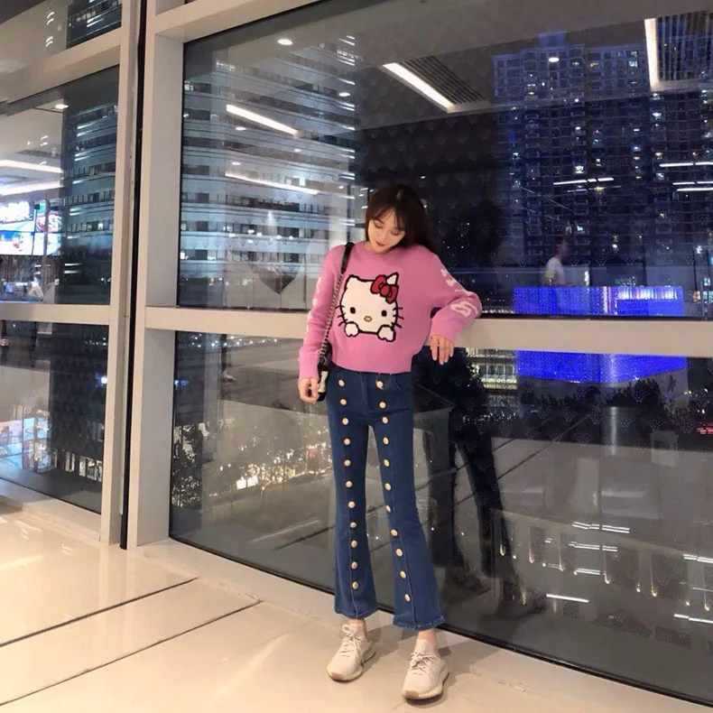 

New Autumn Winter Sanrio Hello Kitty Y2k Cute Pullover Round Neck Knitted Sweater For Girls Casual Style Sweater