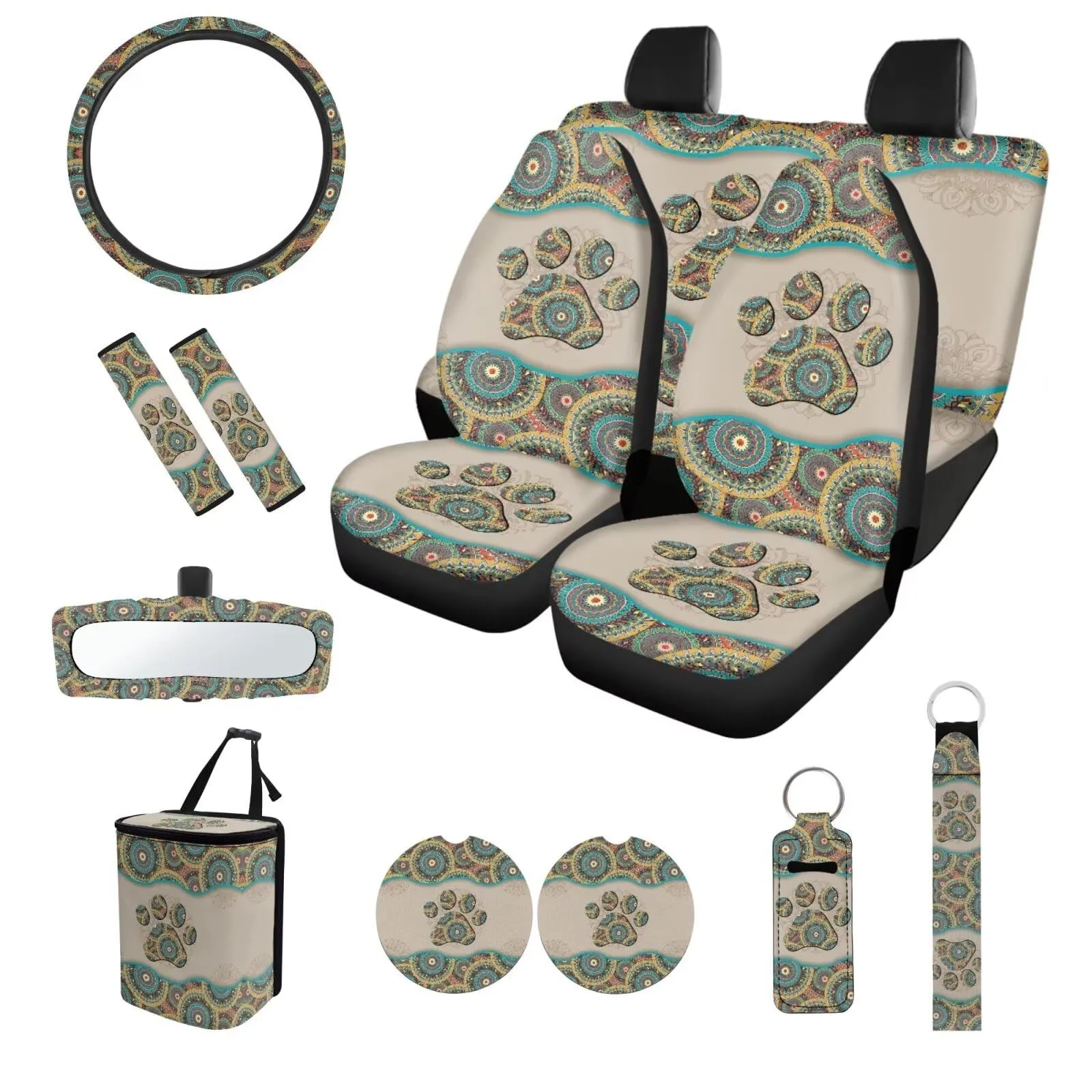 

Чехлы для автомобильных сидений с принтом собачьих лап, полный комплект из 12 штук, накладки на ремни безопасности, чехлы на руль...