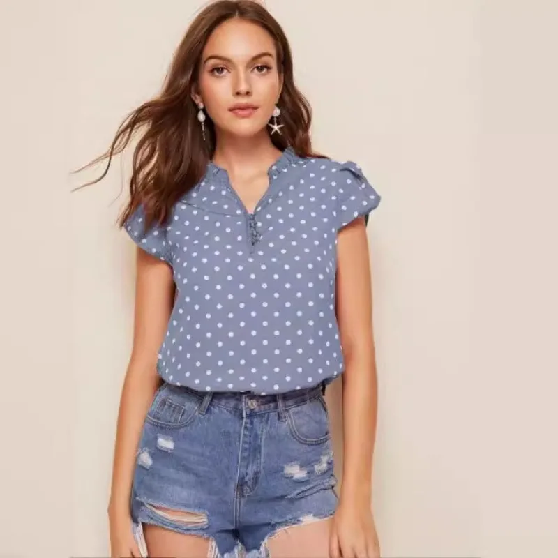 

Casual Women's Shirt Polka Dot Printed V-Neck Short Sleeve Three-Button Shirt