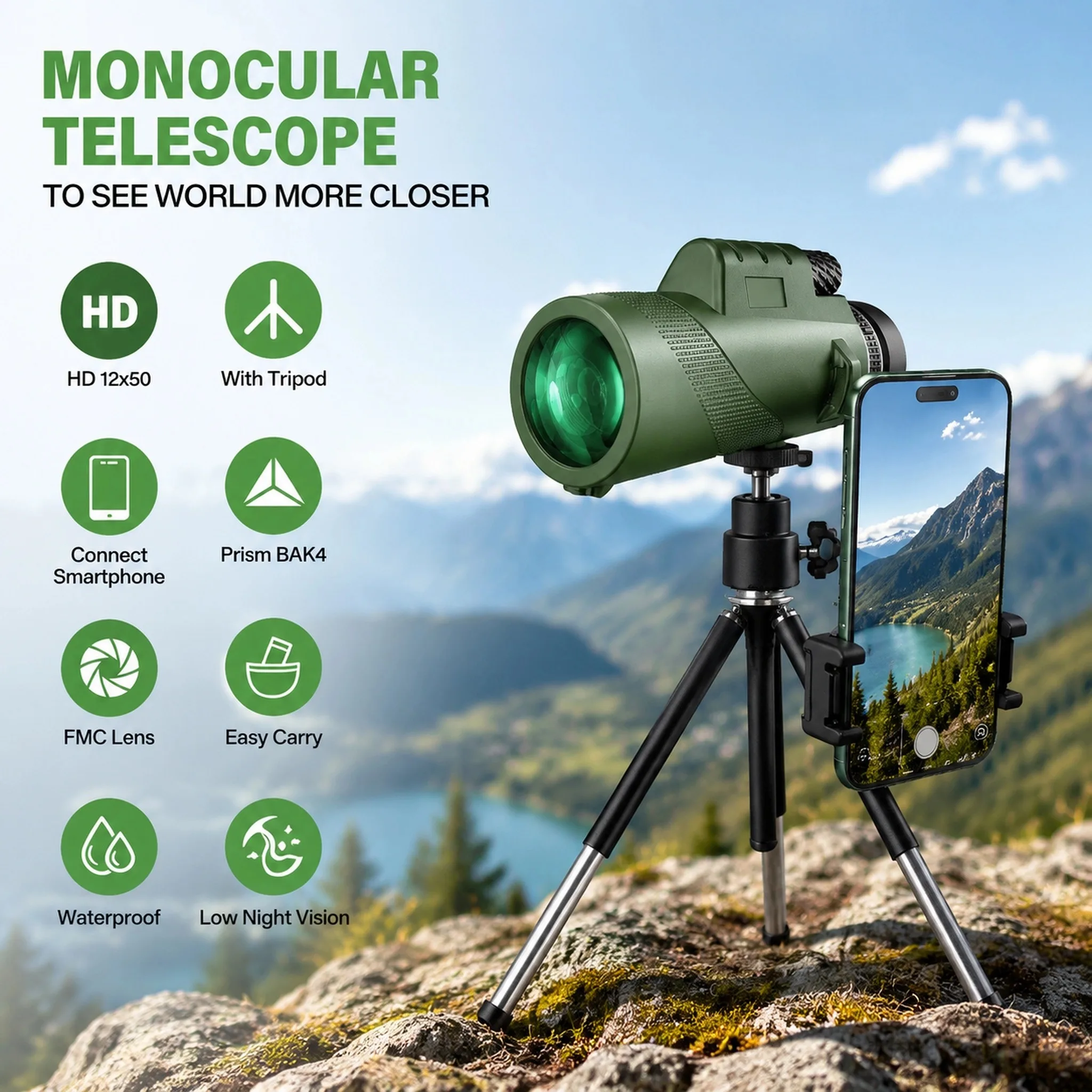 Monocular Telescope 260mm Powerful Spyglass Portable HD Optical Monocular for Bird Watching Hiking Camping Outdoor Sports
