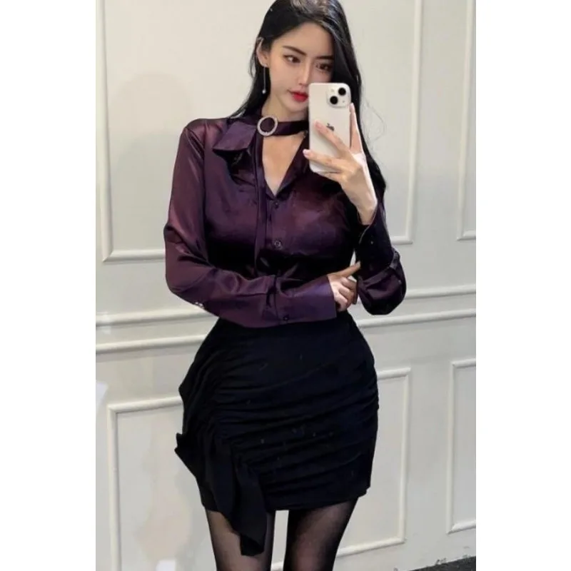 

Women's Satin Blouse with Diamond Buckle Necktie Long Sleeve Slim Fit Shirt
