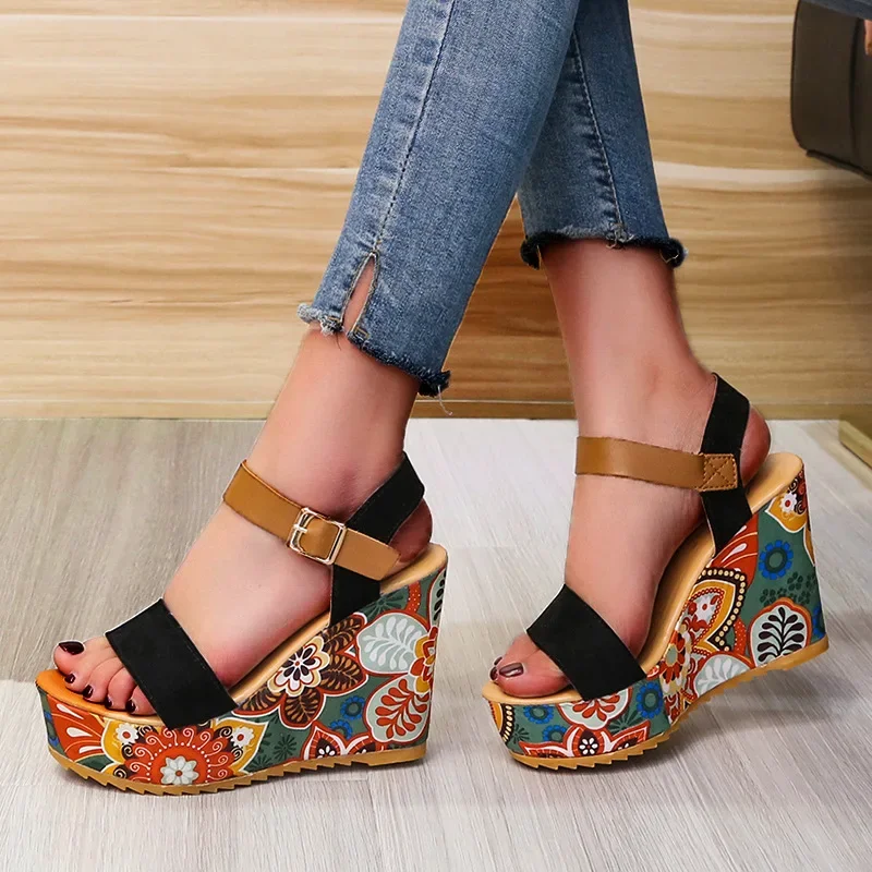 Shoes for Women Summer Wedge Sandals Retro Ethnic Printing Platform Shoes Ladies Casual Ankle Comfortable Sandalias De Mujer