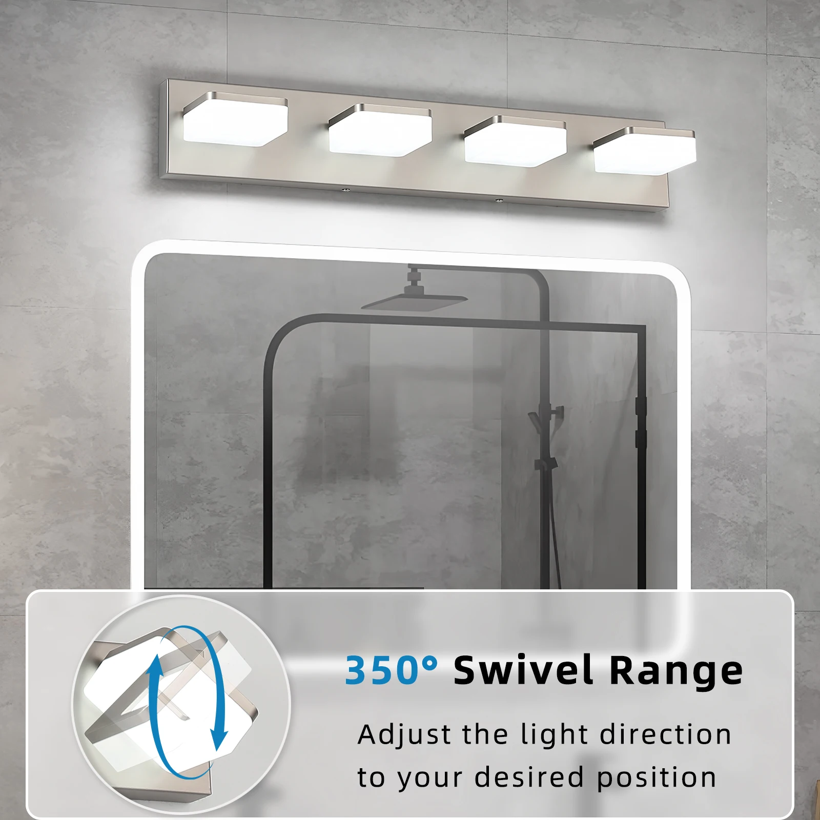 25.59인치 LED 모던 미러 헤드라이트, 360 °   회전 아트 조명, 아크릴 + 금속, 밝기 조절이 가능한 욕실 세면대 조명