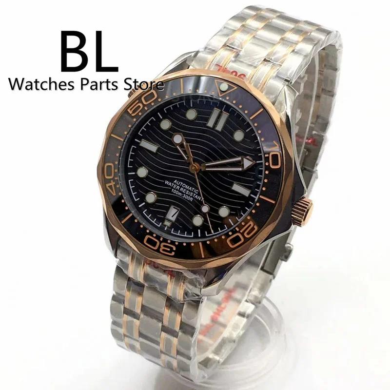 BLIGER 41mm Silver Rose Gold Case Bracelet 6 O'clock Date Window Watch For Men NH35 Automatic Black Dial Ceramic Bezel Luminous