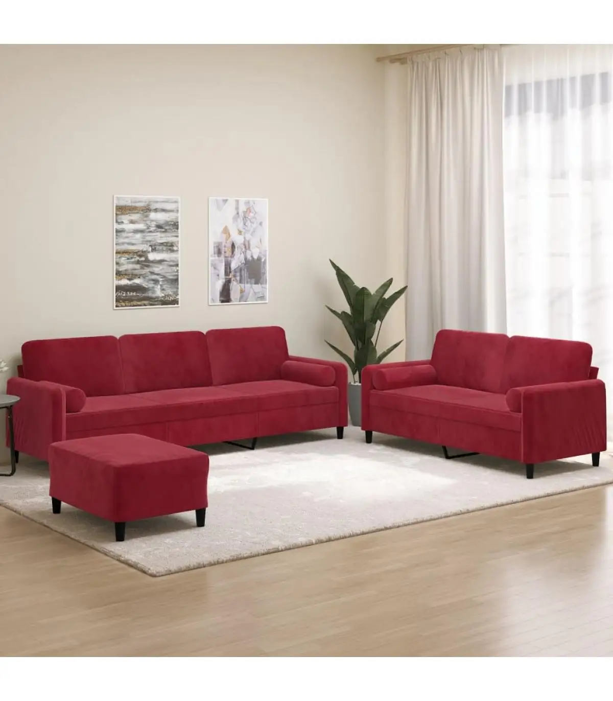 Sofas set with cushions 3 pieces red velvet red