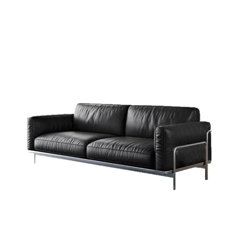 Modern simple cloister sofa, medieval Bauhaus black first-layer cowhide small apartment living room stainless steel sofa