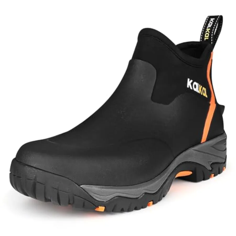 

Kalkal Men's Rubber Boots Waterproof Ankle Rain Boots Insulated Working Booties with Comfortable Sports Sole Outdoor Mud Boots