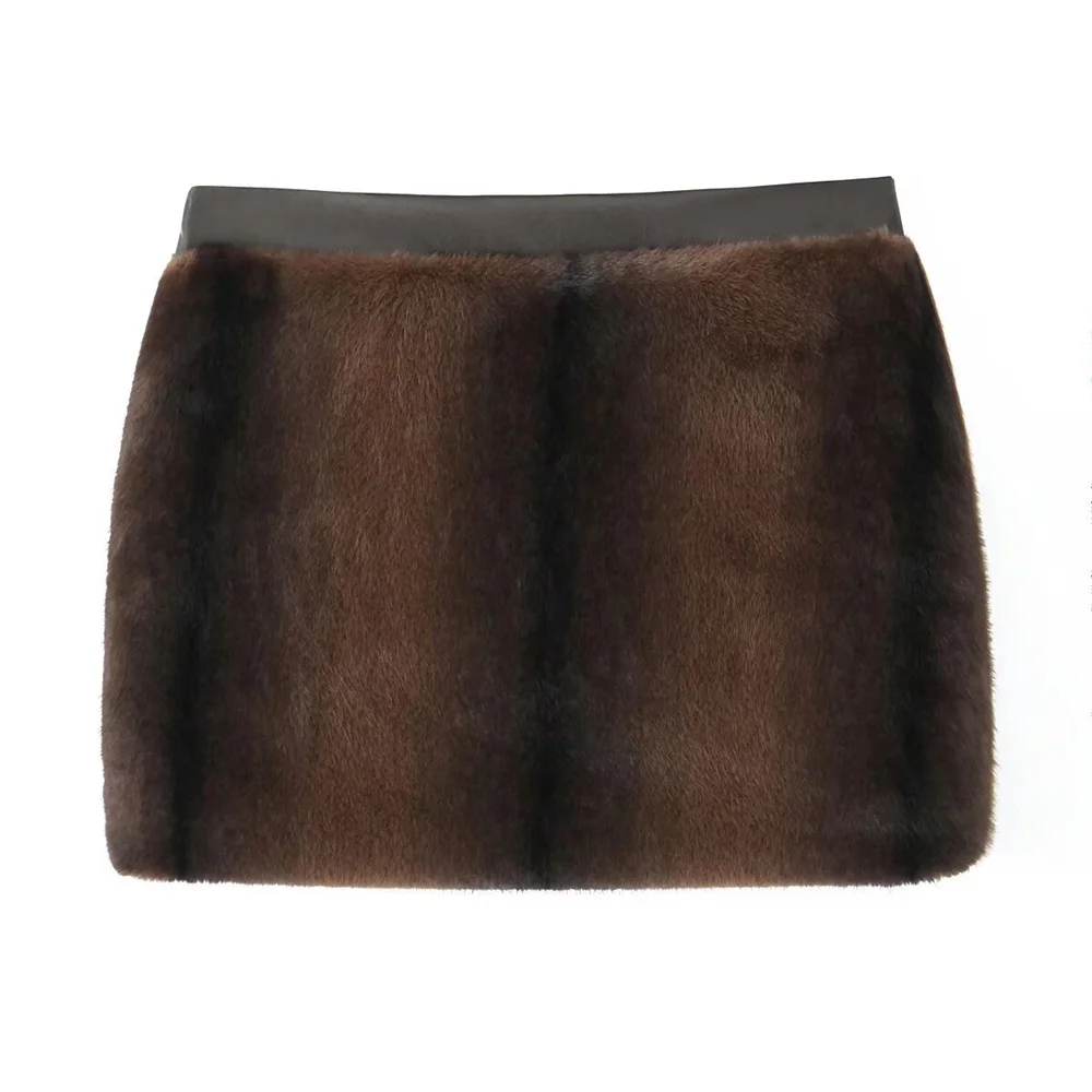 2025 TRAF Spring New Women's Fashion Versatile Pocket Decoration Artificial Fur Effect Straight Short Skirt