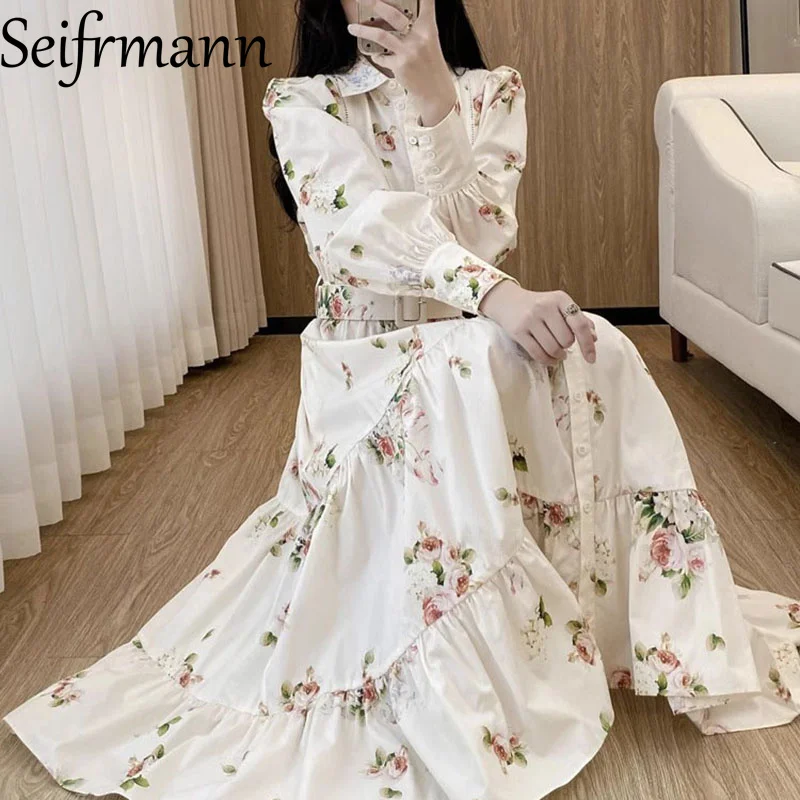 Seifrmann 夏の女性のドレス長袖ファッションターンダウン襟シングルブレスト花柄カジュアルドレスベルト付き