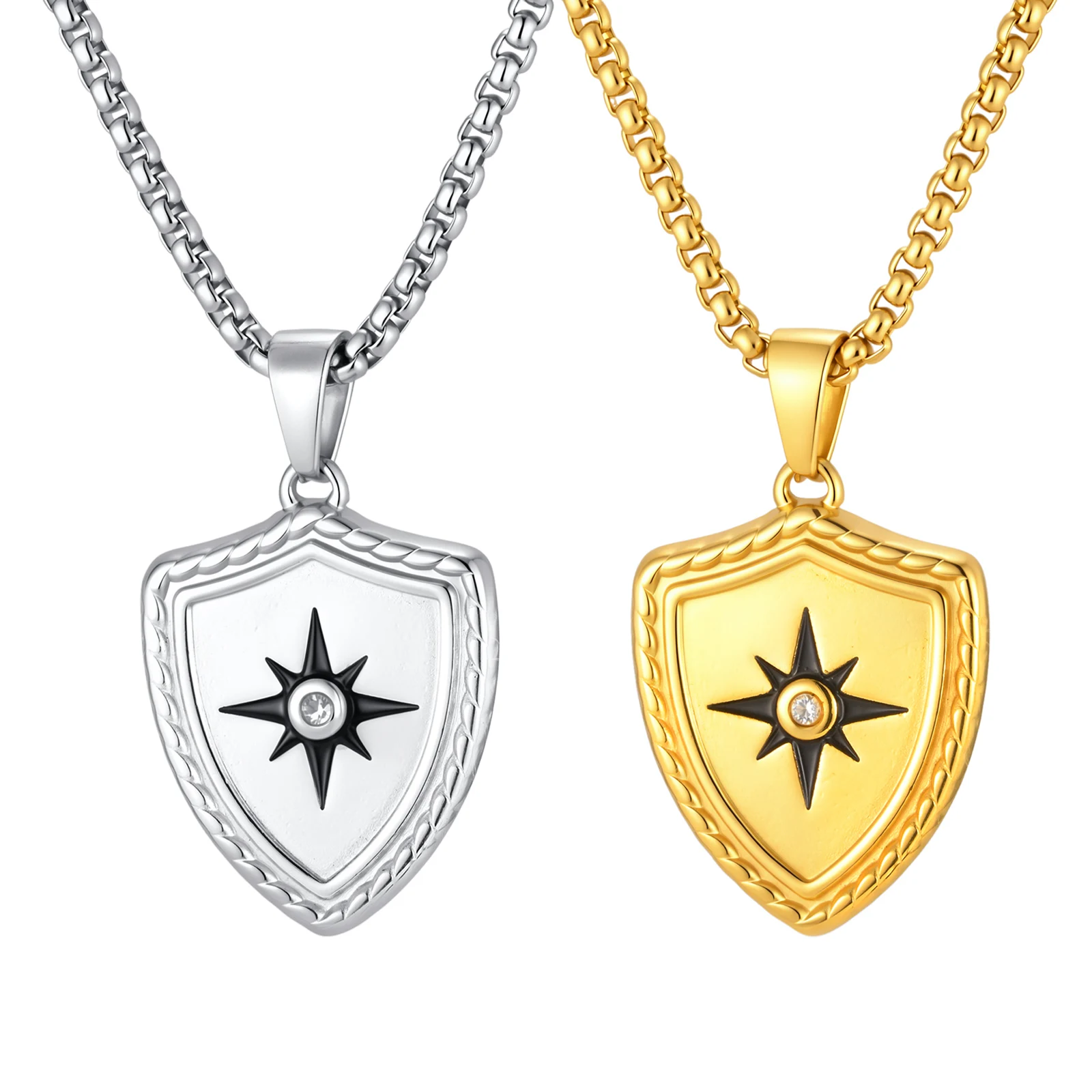 Stylish Stainless Steel Eight Point Star Zircon Shield Pendant Necklace for Men, Punk Fashion Hip Hop Jewelry Gift for Him