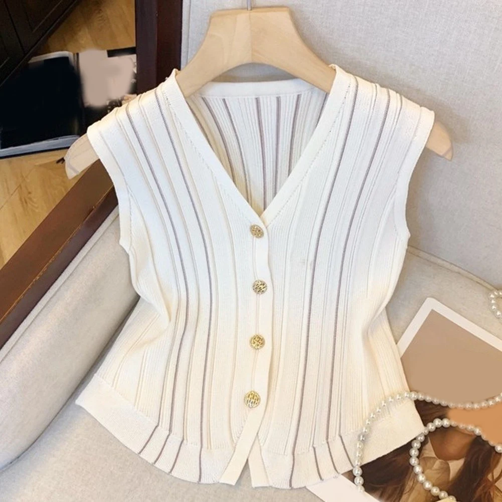 Women Sleeveless V Neck Knit Vest with Button Front Solid Color Tank Top Ideal for Office Commuting and Summer Wear