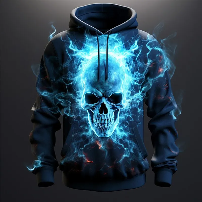 

3D Flame Skull Print Men's Hoodies Autumn Comfortable Long Sleeve Sweatshirts Loose Outdoor Street Gothic Hip Hop Style Clothing