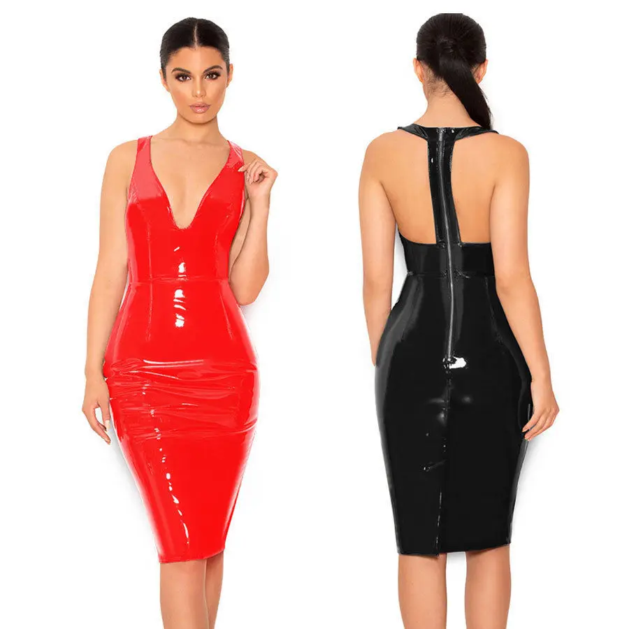 

Women Sexy Shiny Halter Red Black PVC Faux Leather Zipper Deep V Dress Sexy Dress 2020