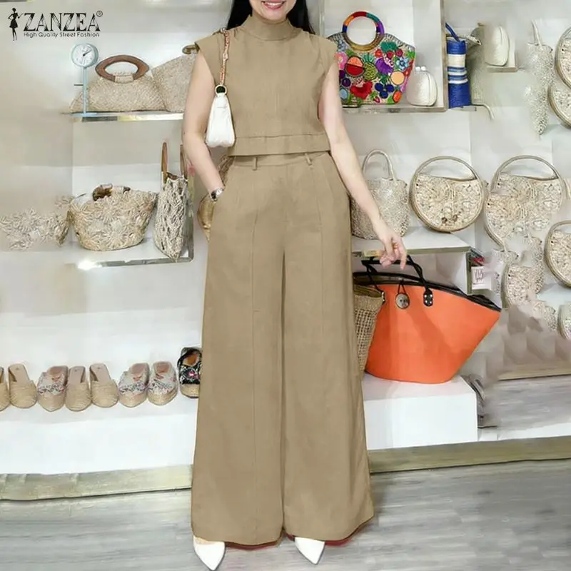 

Летний комплект 2026: Модный женский костюм ZANZEA из 2 предметов – топ без рукавов и брюки с широкими штанинами, элегантный однотонный деловой костюм