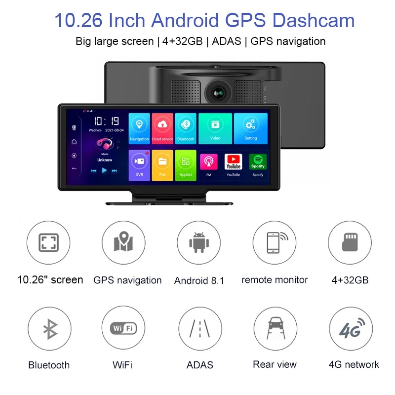 2026 10.26 Inch 4G+32G Car Dash Cam Android 8.1 ADAS 4G WiFi GPS Navigation 24H Remote Monitor 1080P Video Recorder Dual camera