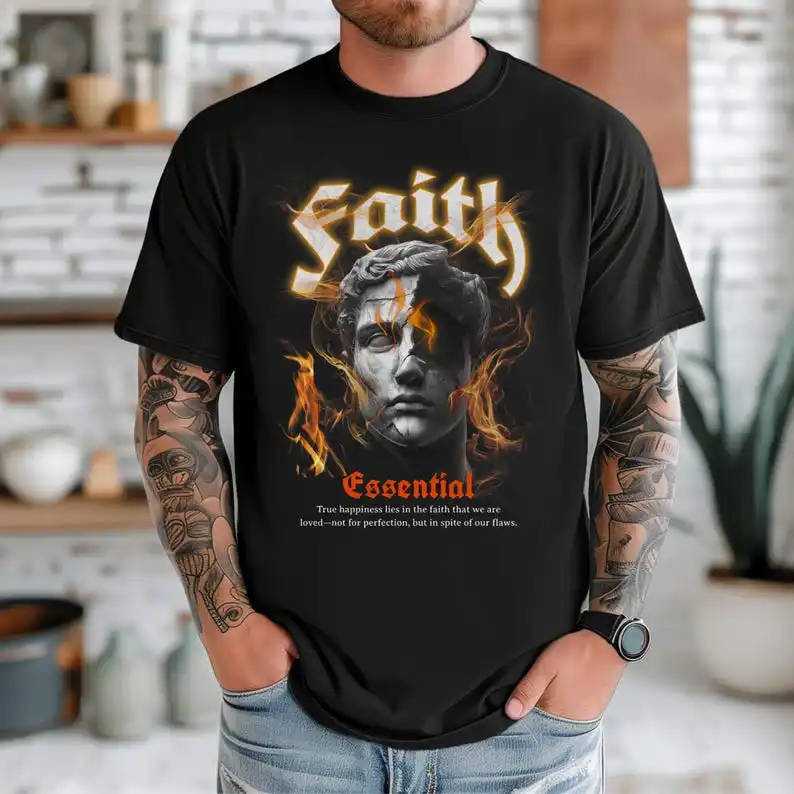 Faith T-Shirt with Fire Statue Design - Positive Graphic Tee for Men & Women - Inspirational Streetwear, Positive Vibes