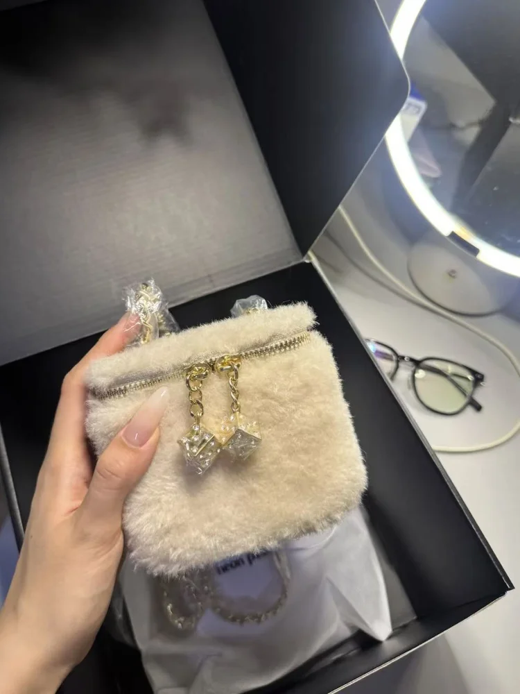 

Korean Sle Furry Box Bag Cute Commuter Handbag Single oulder Slant Cross Bag Casual Simple Sle Canvas Material