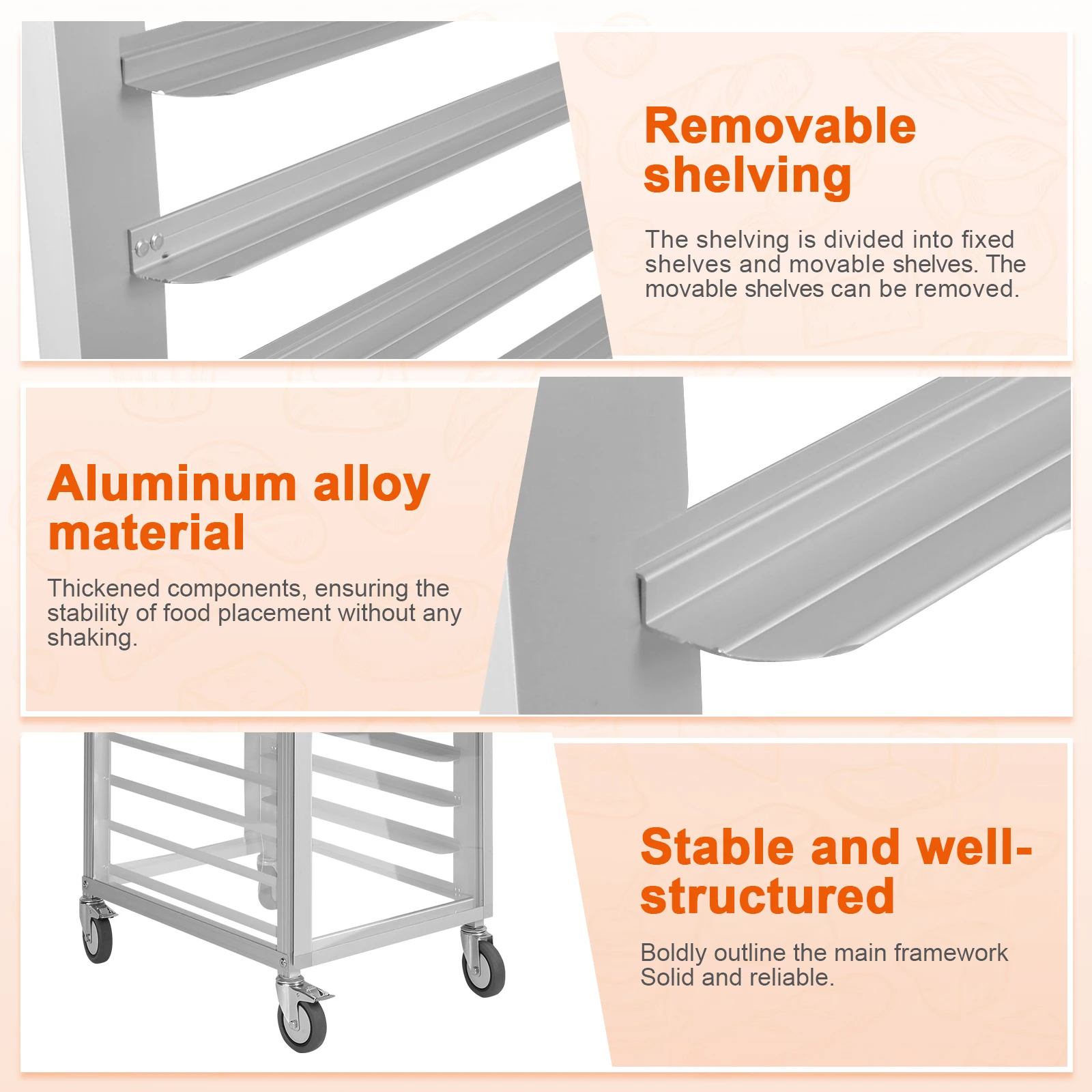 18팬 4인치 간격 알루미늄 상업용 베이커리 랙 18.5x24.6x70인치 상업용 헤비 듀티 번 랙 주방 가정용 빵 굽기용