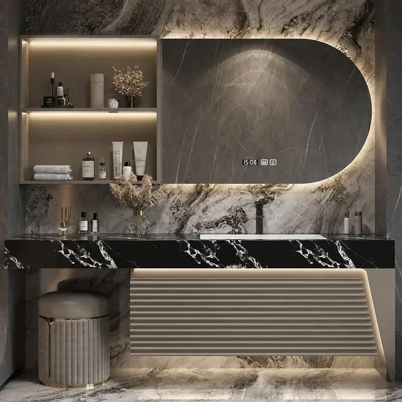 Modern Simple Solid Wood Bathroom Cabinet with Integrated Rock Slab Basin Floor Standing Washbasin Vanity Unit for Household
