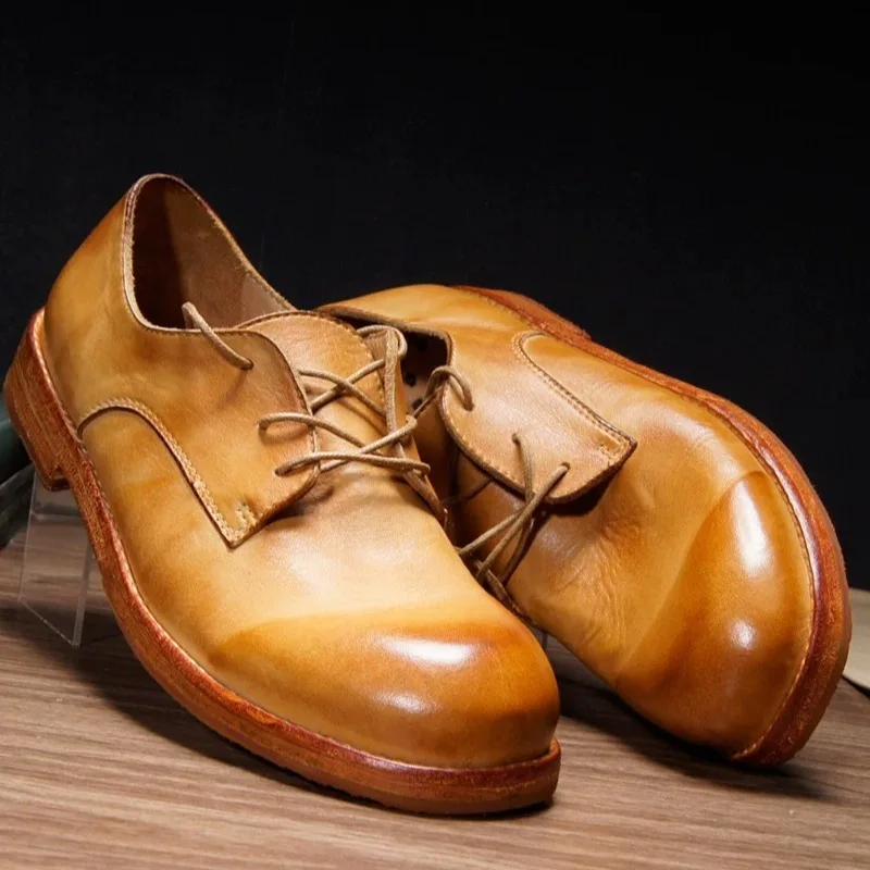 Vegetable Tanned Cowhide Washed Men's Leather Shoes Round Toe Lace Up Retro Business Formal Derby Shoes Male Genuine Leather