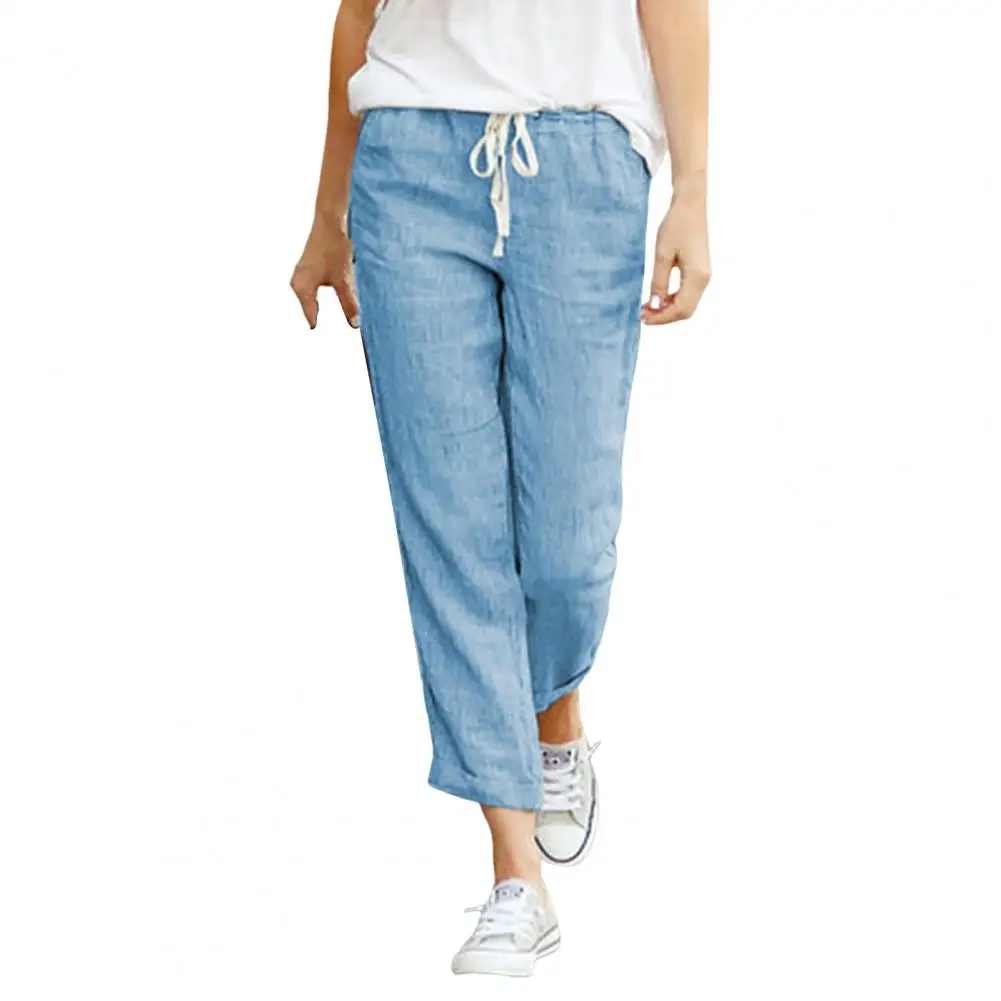 Calça feminina de algodão de linho no comprimento do tornozelo, calça casual feminina com elástico na cintura, calça reta solta, monocromática, moda verão, 2024