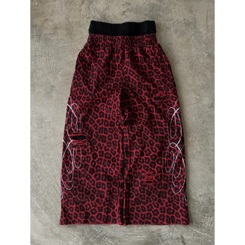 Oversized Red Leopard Distressed Sweatpants Men's 2025 New Streetwear Loose Wide Leg Pants with Gothic Print Hip Hop Trousers