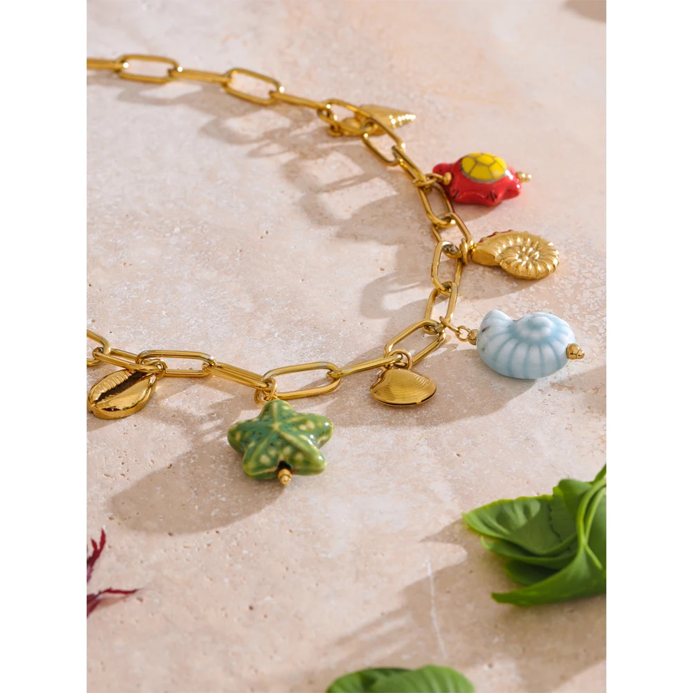 Yhpup Ocean Style Exquisite Ceramic Shell Starfish Turtle Drop Golden Necklace for Women Stainless Steel Trending Jewelry