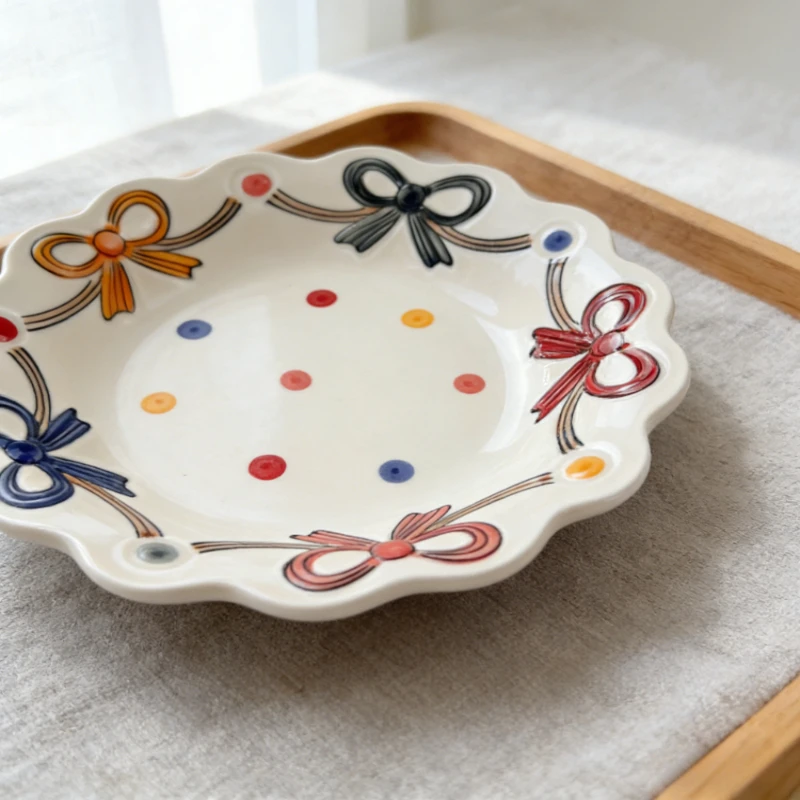 

Изысканные милые керамические тарелки с кружевным бантом и горошком, домашняя посуда, миски для риса, суповые тарелки, кухонная утварь для ежедневного использования