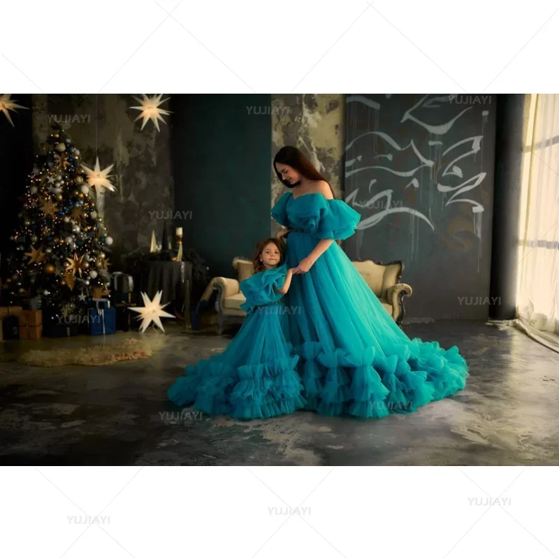 Blue Puffy Tulle Gown Mother and Daughter Matching Dresses Cap Sleeves Long Train Mommy and Me Family Look Photo Shoot Dress