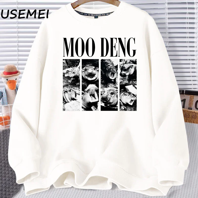 Moo Deng Sweatshirt Retro Harajuku Pullover Baby Pygmy Hippo Moodeng Hooded Halloween Trendy Pullover Clothing Streetwear