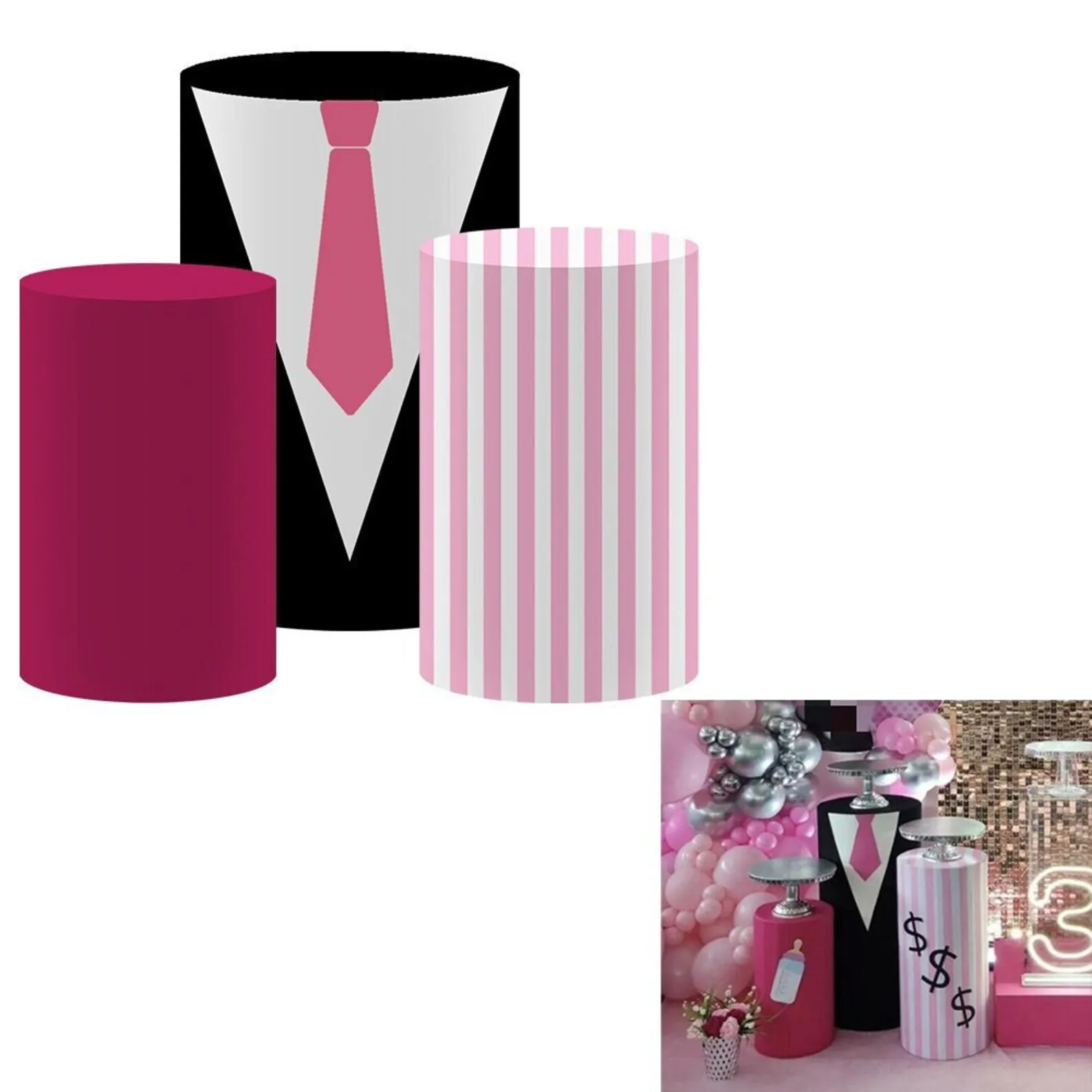 Mehofond Custom Cylinder Cover Backdrop Circus Pink Bow Tie Boss Kids Birthday Plinths Dessert Pedestal Background Decor Elastic