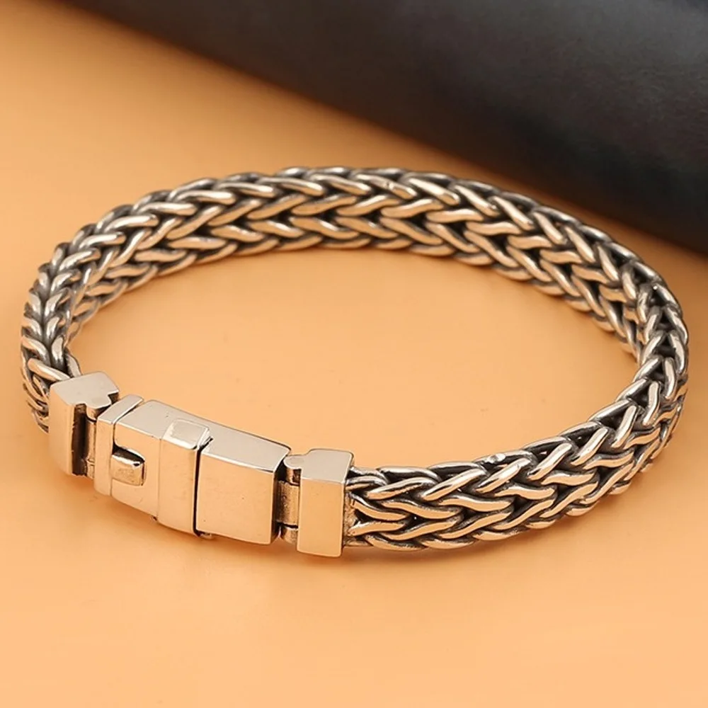 

Real Solid 925 Sterling Silver Chain Men Lucky 8.5mm Wheat Foxtail Braided Bracelet 52-53g/20cm