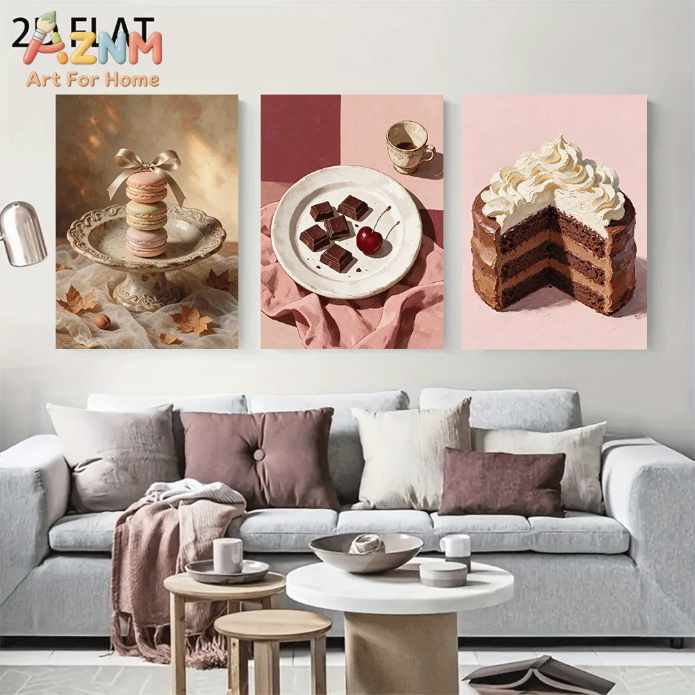 AZNM Frameless Canvas Wall Art, Sweet Dessert Macaron Chocolate Cake Print, Vintage Gourmet Food Art Wall Decor for Living Room
