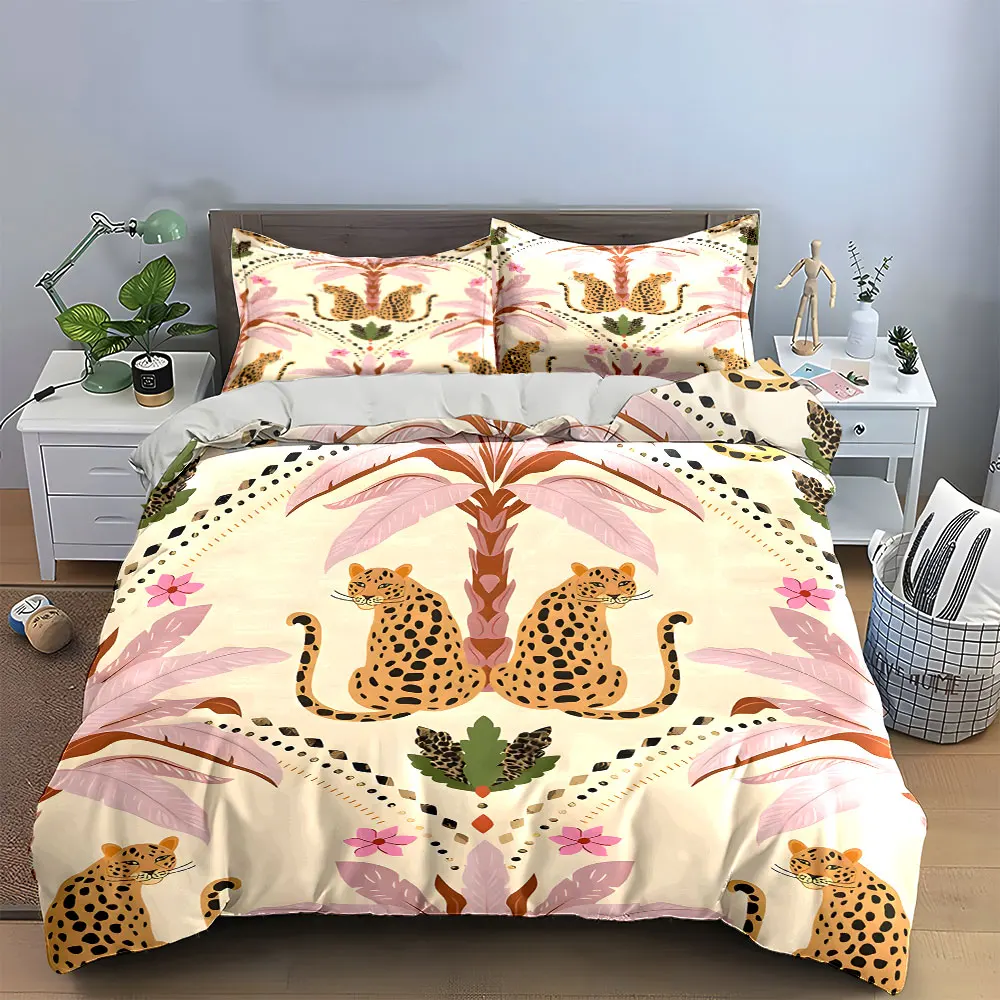 Leopard Tropical Pattern Decor Set Bedding Set with 1 Duvet Cover 2 Pillowcases Single Double King Queen, Gift