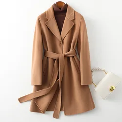 Autumn 100% Wool Coats Women Turn Down Collar Midi Length Coats Women Woolen Coat With Belt Veste Femme Tops