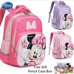 Disney Mickey Minnie Bolsas escolares para meninos e meninas, mochila ortopédica de ombro de grande capacidade, estudante primário, grau 1-5