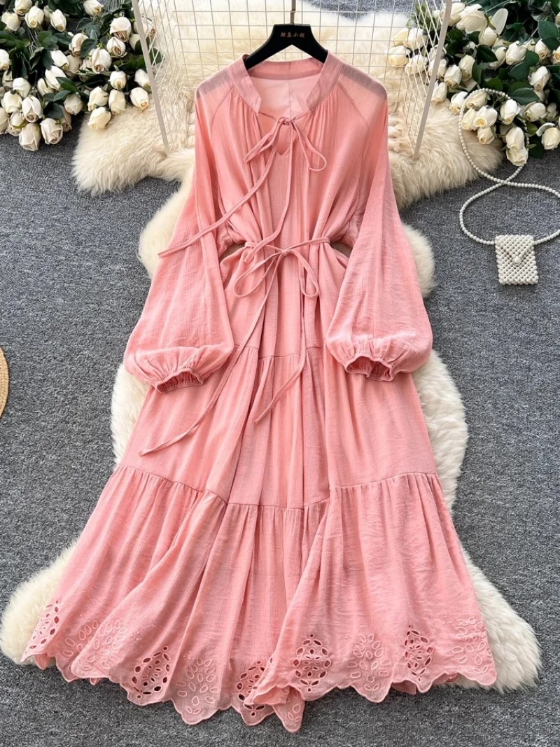 

French Gentle Style Temperament Tied Lantern Sleeves Hollow Embroidery Dress Women's Autumn And Winter Elegant Long Dress w1175