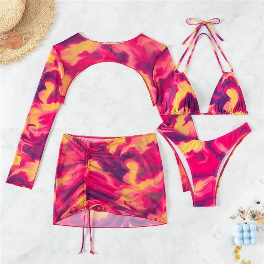 Red Tie Dye Print Bademode Neckholder String Dreieck 4-teiliges Bikini-Set Langarm Smock Cover Up Sexy Badeanzug Damen 2025 Bikinis