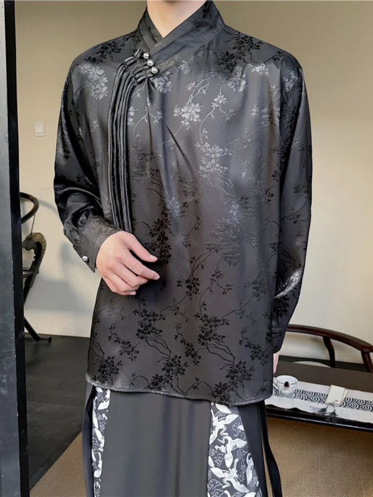 

New Chinese Sle Long Sve irt Men's Spring New Retro Button Versatile Top Sle Improved Tang Costume Hanfu Thin