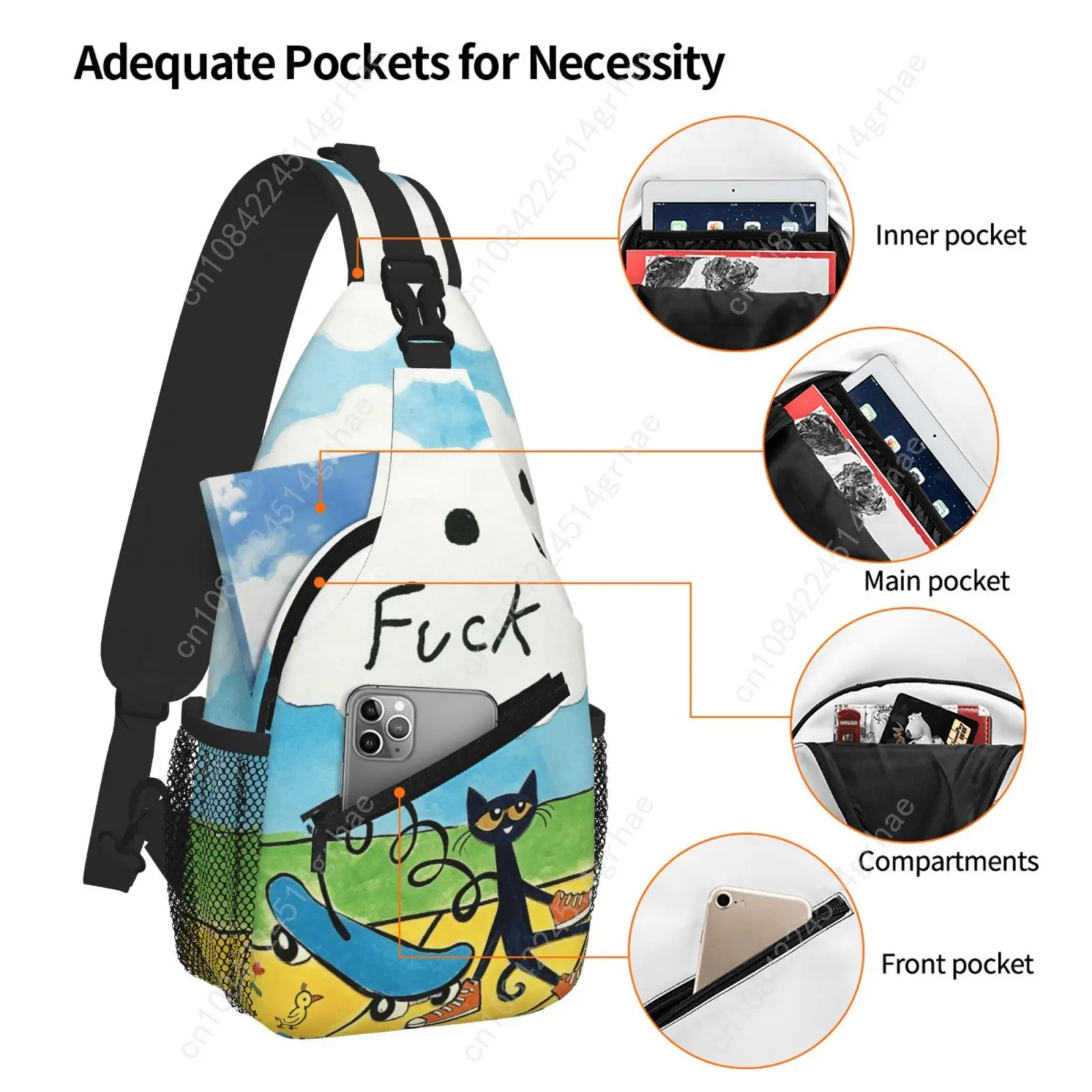 Picture 5: Pete the Cat I Love My White Shoes Sling Bag Chest Crossbody Shoulder Sling Backpack Outdoor Hiking Daypacks Men Women Bags