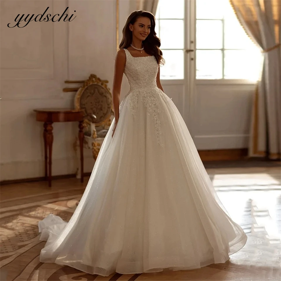 

Classic Boat Neck Spaghetti Strap Appliques Tulle Wedding Dresses For Women 2024 Sweep Train Bride Gowns vestidos de novia