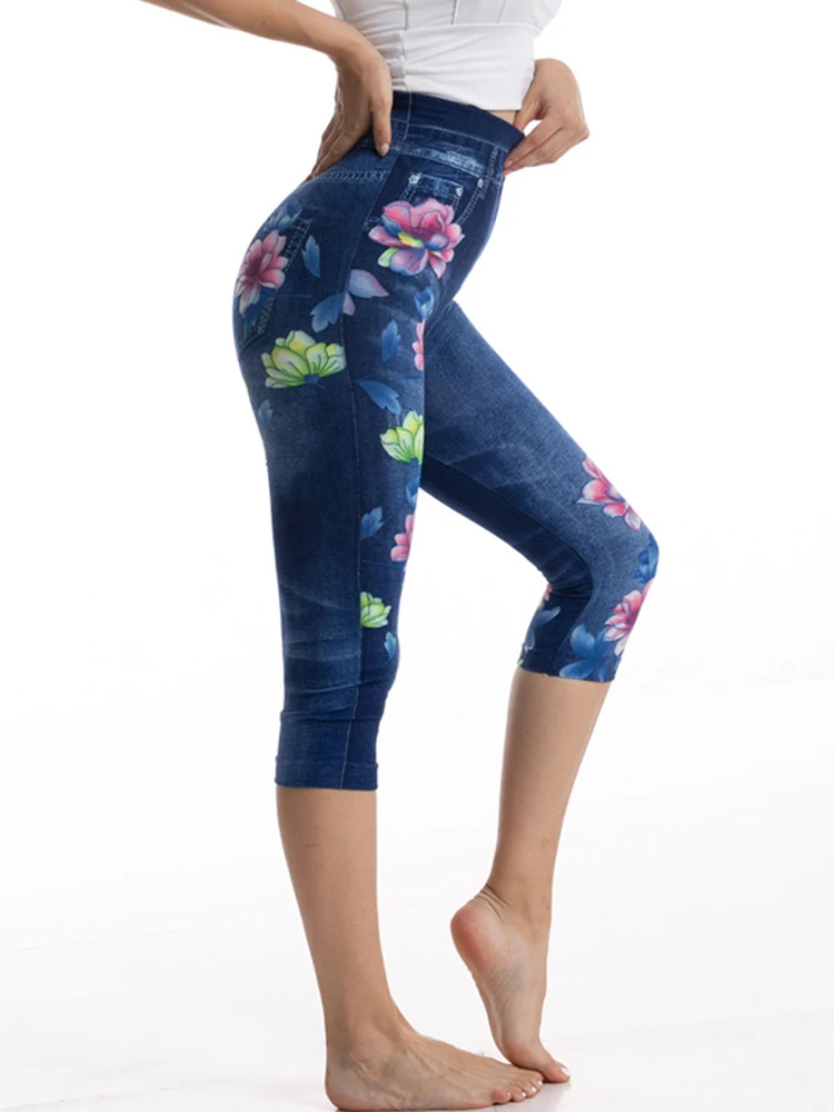 CUHAKCI Push-Up Sport Capri Blume Gedruckt Leggings Frauen Faux Denim Leggins Nahtlose Sexy Kurze Hohe Taille Gym Übung Weibliche