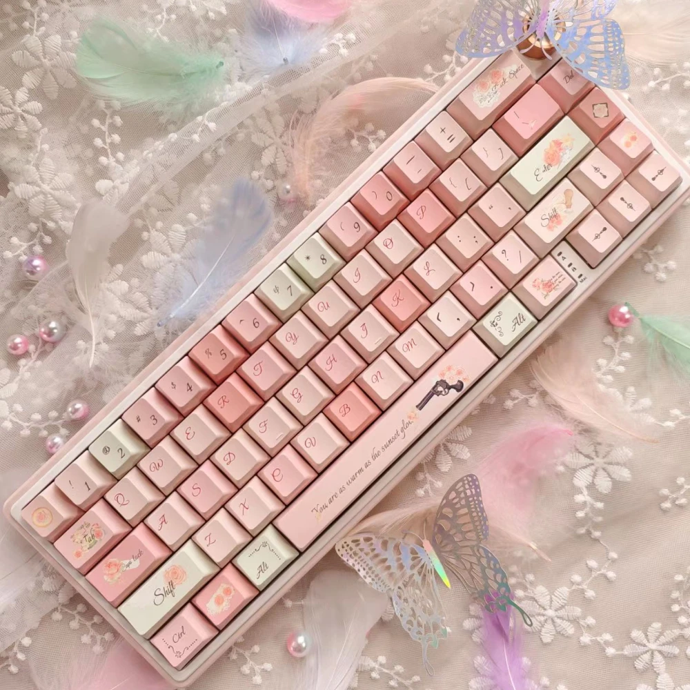 Sweet Pink Keycap Flower Letter Raft Theme Cherry/QX3 PBT Sublimation Keycaps for Mechanical Keyboard Romantic Rose Key Caps